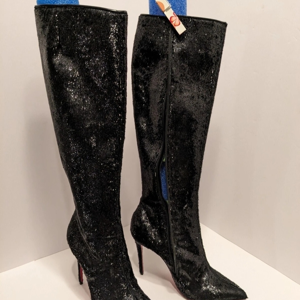 Christian Louboutin Black Glitter Heeled Boots